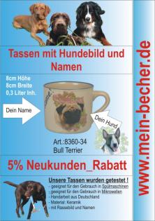 Tasse mit Namen, Namenstasse, Becher mit Namen und Hunderassebild - Bull Terrier