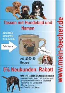 Tasse mit Namen, Namenstasse, Becher mit Namen und Hunderassebild - Beagle