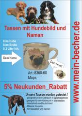 Tasse mit Namen, Namenstasse, Becher mit Namen und Hunderassebild - Mops